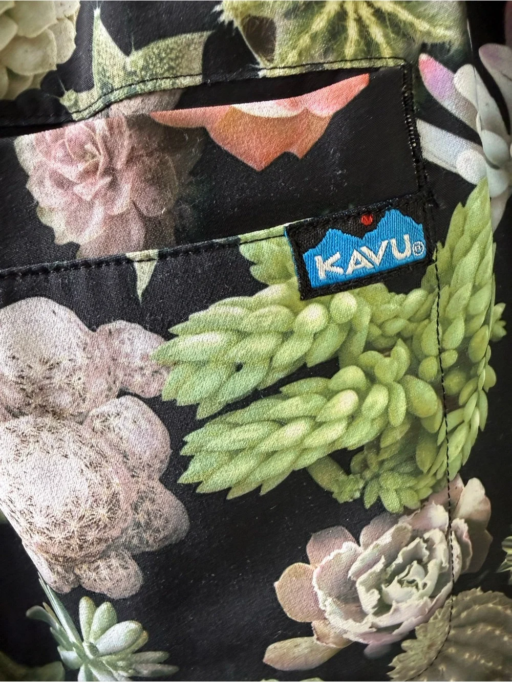 Kavu Women’s Black Athletic Shorts with Green & Coral Succulent Print - Picture 3 of 5